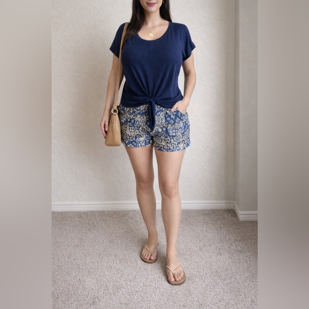 LOFT Dark Blue Linen Tie-Front Short Sleeve Tee